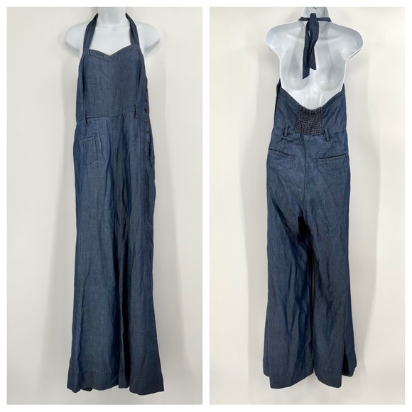Anthro Elevenses Blue Denim Halter Jumpsuit Size 12 - Picture 1 of 8